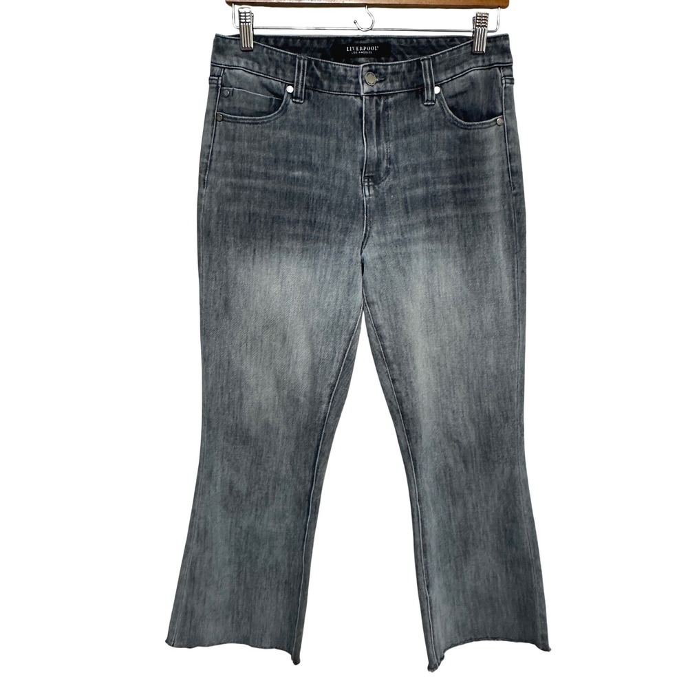 Liverpool Crop Flare Jeans Womens 8/29 Grey Raw Hem Stretch Denim Pants Grunge